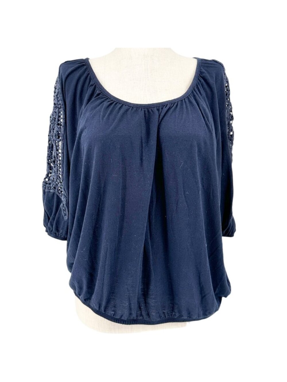 Lane Bryant Blouse Womens 18/20 Navy Crochet 3/4 Sleeve Lightweight Poly Rayon